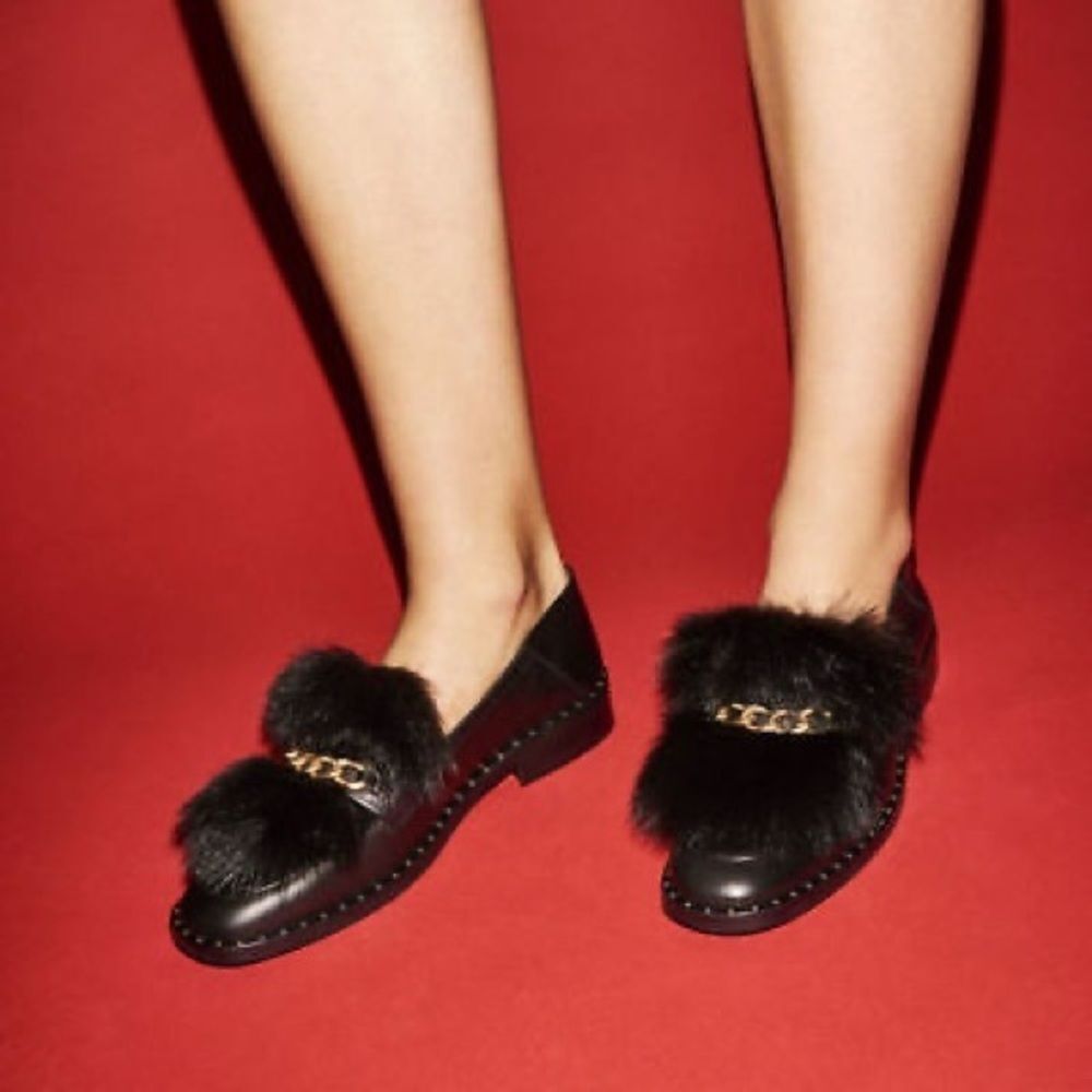 Maje Paris Felix Leather Chunky Loafer with Detachable Fur and Gold Chain EU 38